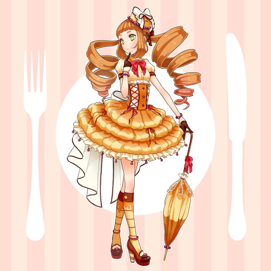1girl black_gloves bow bracelet brown_hair brown_shoes closed_umbrella drill_hair expressionless food_themed_clothes full_body gloves green_eyes hat hat_bow jewelry kneehighs long_hair looking_away misaka_(05) orange_skirt original pancake parasol personification pocketland red_bow shoes skirt solo standing striped striped_background twin_drills twintails umbrella white_bow yellow_legwear