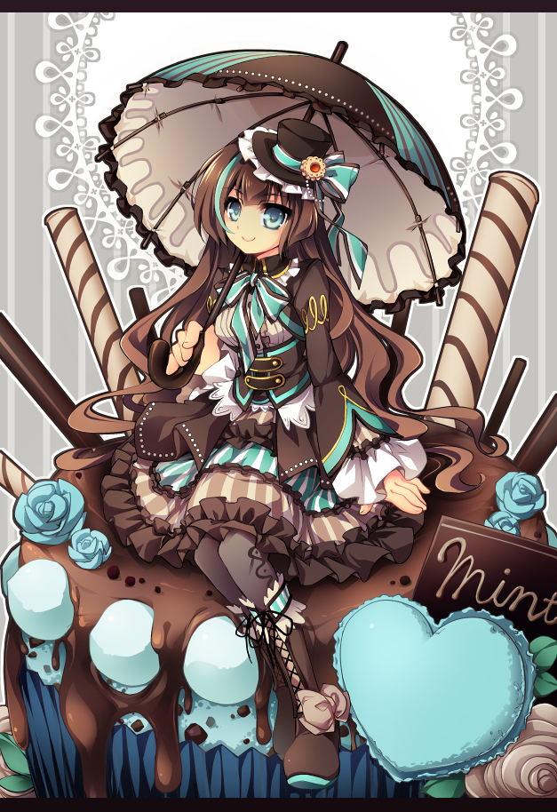 1girl black_hat black_legwear blue_eyes blue_rose boots bow brown_boots brown_bow brown_hair byakuya_yuu chocolate_cake corset dress flower food_themed_clothes frilled_dress frills full_body grey_background hat hat_bow knee_boots layered_dress long_hair looking_at_viewer original pantyhose parasol personification pocketland rose sitting smile solo striped striped_background striped_bow top_hat umbrella white_rose