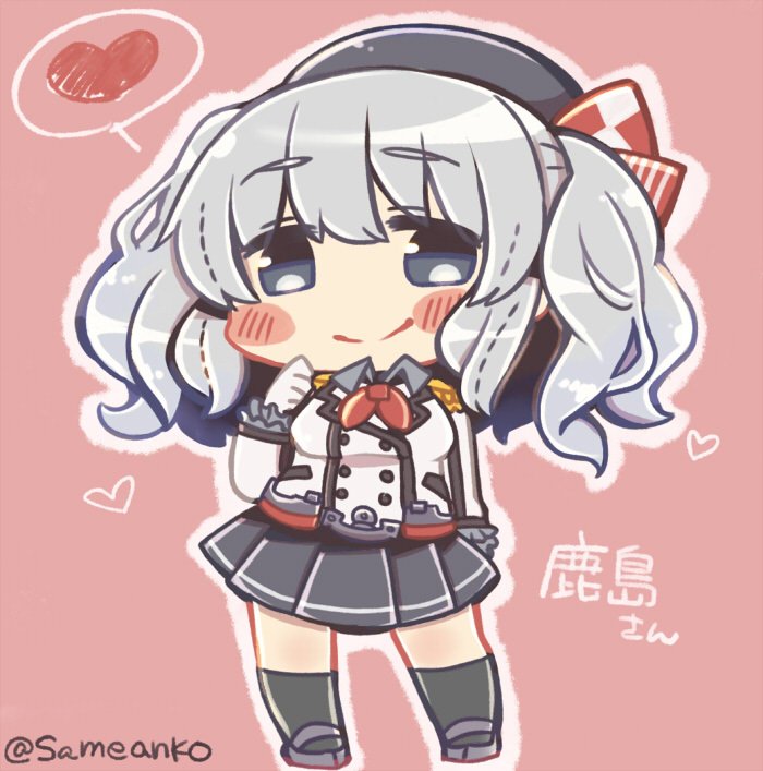 1girl beret black_legwear blue_eyes blush_stickers breasts buttons character_name chibi epaulettes frilled_sleeves frills gloves hat heart jacket kantai_collection kashima_(kantai_collection) kerchief large_breasts looking_at_viewer military military_uniform miniskirt pink_background pleated_skirt same_anko sidelocks silver_hair simple_background skirt smile socks solo spoken_heart twintails twitter_username uniform wavy_hair white_gloves