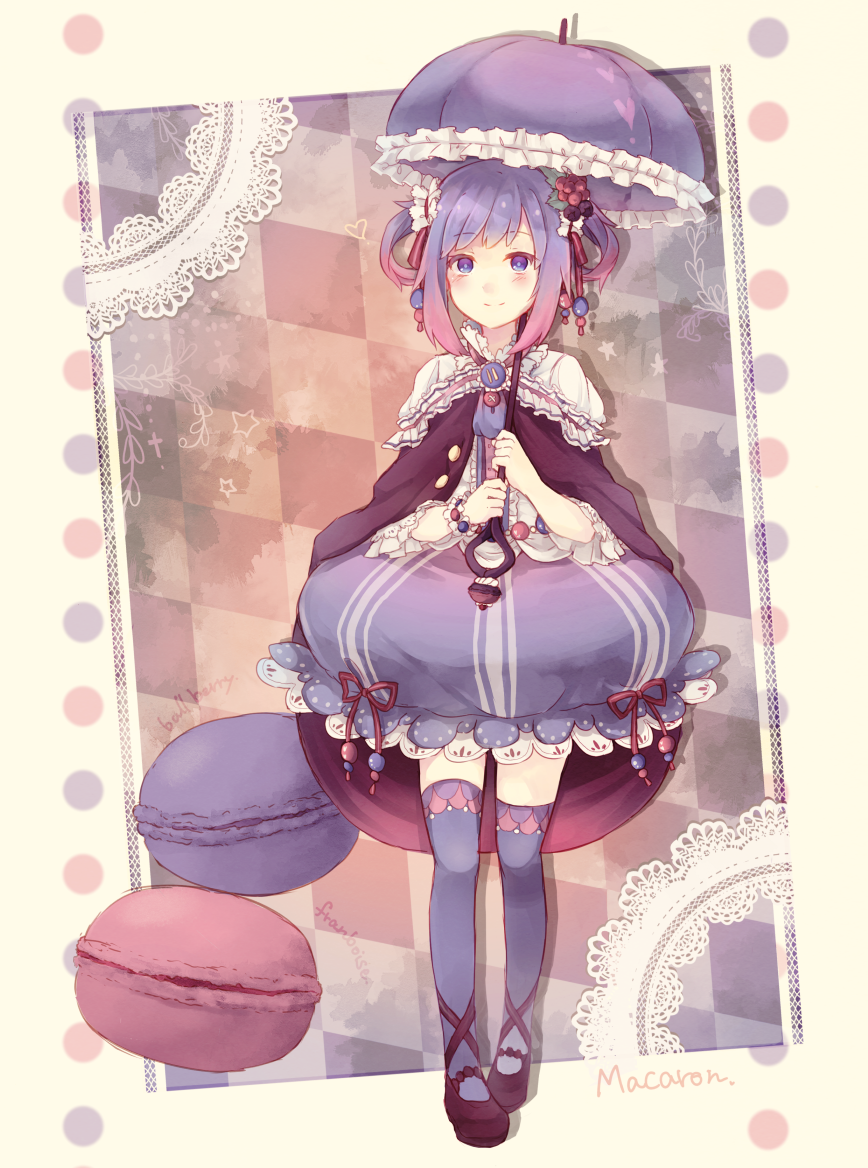 1girl argyle argyle_background black_shoes blouse blue_eyes blue_hair blue_legwear blue_skirt blueberry blueberry_hair_ornament bow bubble_skirt cape food food_as_clothes food_themed_clothes fruit full_body gensou_aporo gradient_hair hair_rings looking_at_viewer macaron multicolored_hair original parasol personification pink_hair pocketland red_bow shoes short_hair skirt smile solo standing thigh-highs umbrella