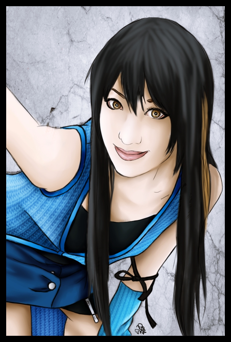 1girl arm_warmers black_hair breasts brown_eyes brown_hair final_fantasy final_fantasy_viii long_hair realistic rinoa_heartilly smile solo tagme