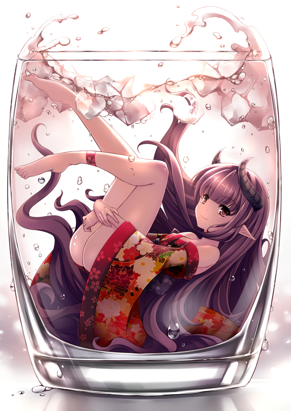 1girl aata1007 ass bangs bare_shoulders barefoot black_hair blunt_bangs closed_mouth cup drinking_glass dripping eyebrows eyebrows_visible_through_hair full_body highres horns ice ice_cube in_container japanese_clothes kimono leg_band leg_hug long_hair looking_at_viewer off_shoulder original ponytail red reflection small_breasts smile solo underwater water