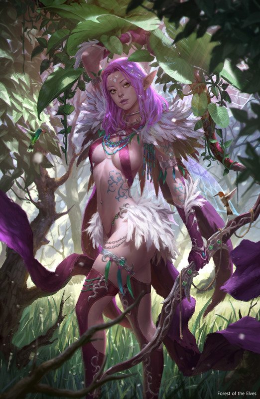 1girl armband bow chain choker contrapposto elf facial_mark feathers forehead_mark forest gloves green_eyes jewelry kilart lipstick long_hair looking_to_the_side makeup nature nipples parted_lips pointy_ears purple_hair purple_lipstick realistic solo tattoo thigh-highs thigh_strap tree weapon