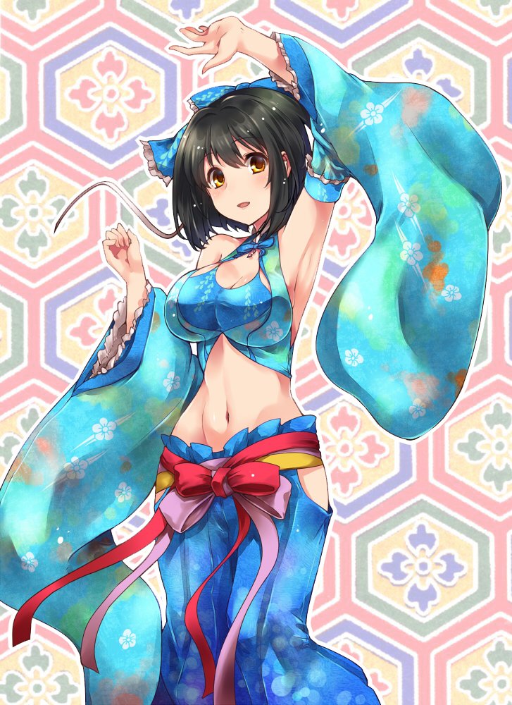 1girl bare_shoulders black_hair blush bow breasts cleavage detached_sleeves hair_bow hair_ornament honeycomb_background idolmaster idolmaster_cinderella_girls japanese_clothes kimono open_mouth paopao short_hair smile solo takafuji_kako yellow_eyes