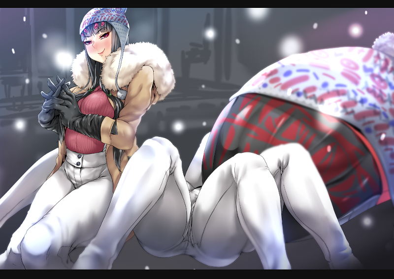 1girl arachne black_hair gloves hat insect_girl long_hair looking_at_viewer monster_girl original panties red_eyes ribbed_sweater smile smirk solo spider_girl sweat sweater underwear winter_clothes yu02j0