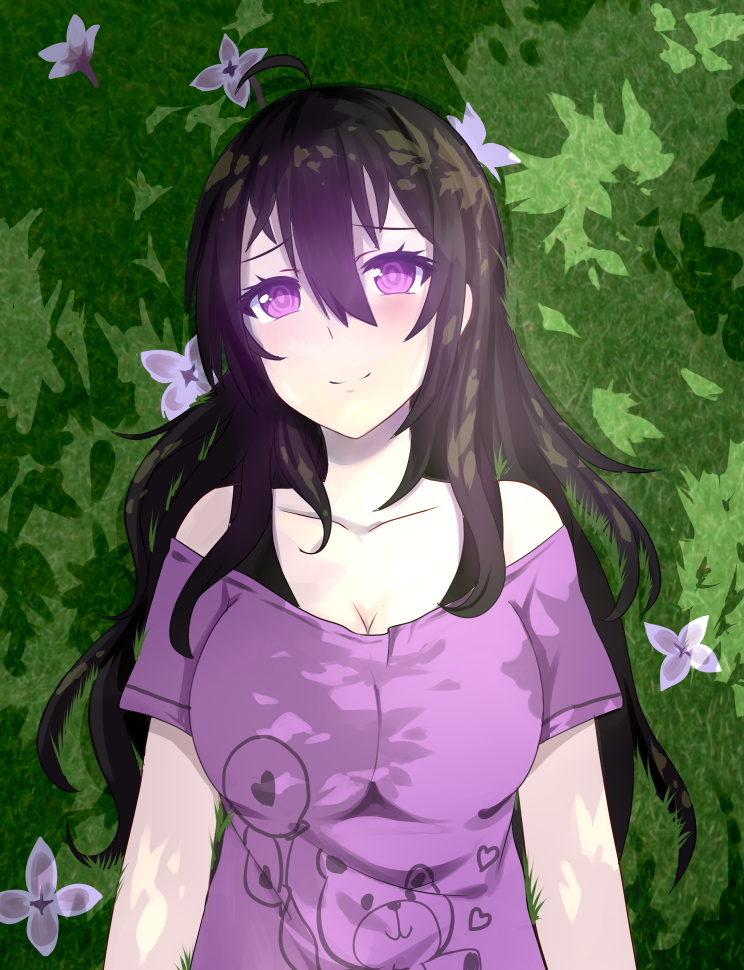 1girl ahoge bare_shoulders beifeng_han black_hair blush breasts collarbone flower from_above grass hair_between_eyes large_breasts long_hair looking_at_viewer miyaura_sanshio off_shoulder original purple_shirt shirt smile upper_body violet_eyes