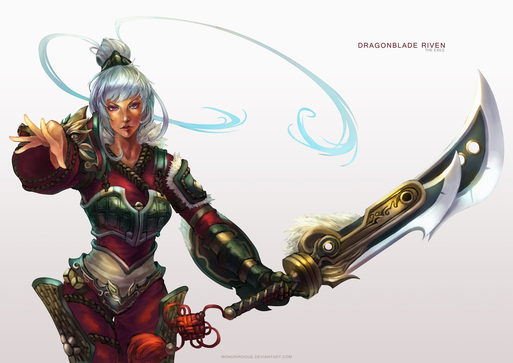 1girl alternate_costume armor character_name dragonblade_riven gloves hair_bun league_of_legends monori_rogue pink_eyes riven_(league_of_legends) simple_background solo sword weapon white_background white_hair