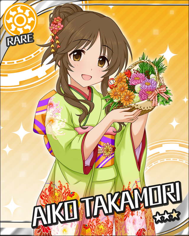 blush brown_eyes brown_hair character_name flower idolmaster idolmaster_cinderella_girls kimono long_hair odango smile stars takamori_aiko