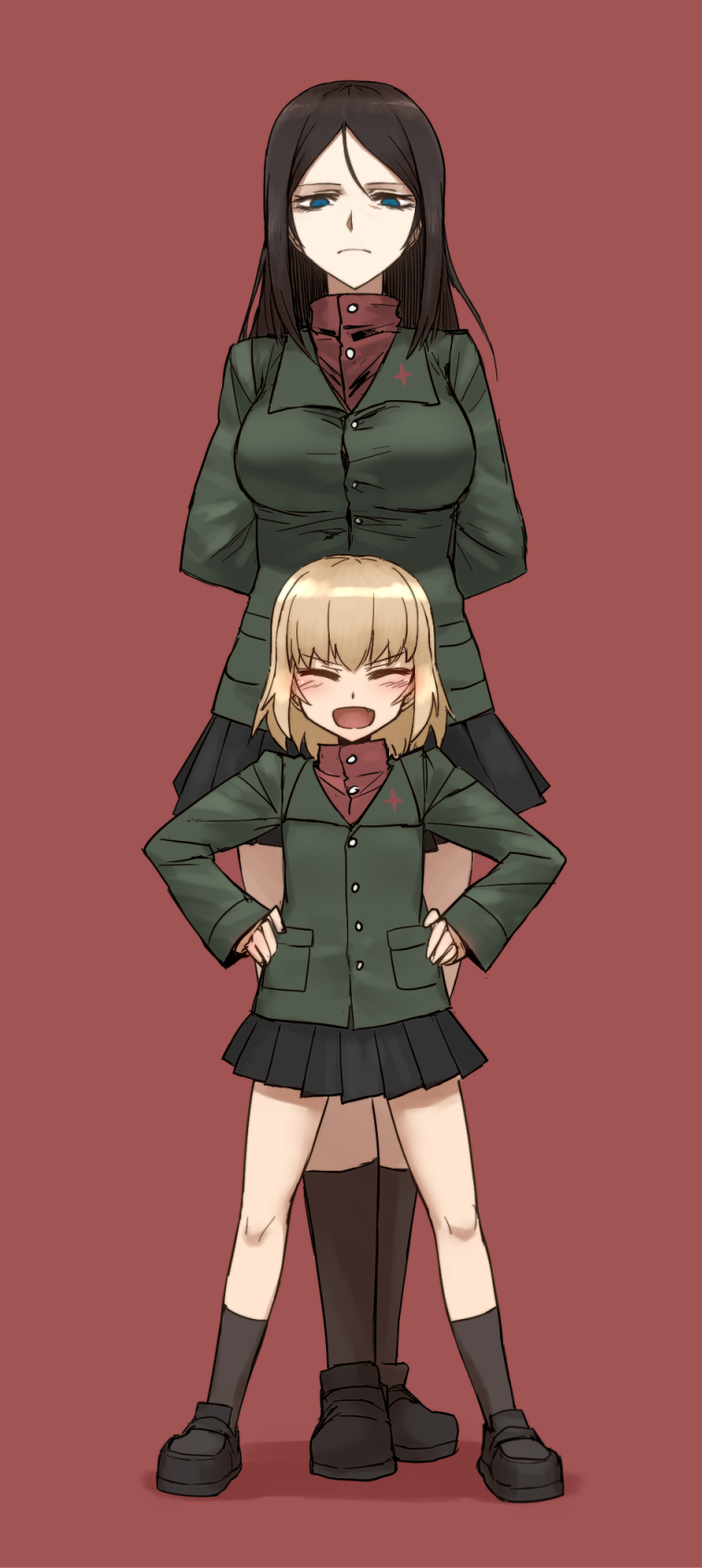 2girls :d ^_^ arms_behind_back bags_under_eyes black_hair black_skirt blonde_hair blue_eyes breasts closed_eyes didloaded fang frown girls_und_panzer hair_between_eyes hands_on_hips highres jacket katyusha kneehighs long_hair military military_uniform multiple_girls nonna open_mouth pleated_skirt red_background shoes short_hair skirt smile socks standing uniform