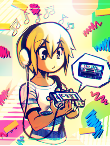 1girl ami_dixie blonde_hair blue_eyes cassette_player headphones looking_down lowres multicolored_background musical_note nitrotitan original shirt solo striped striped_shirt tan_skin torso upper_body