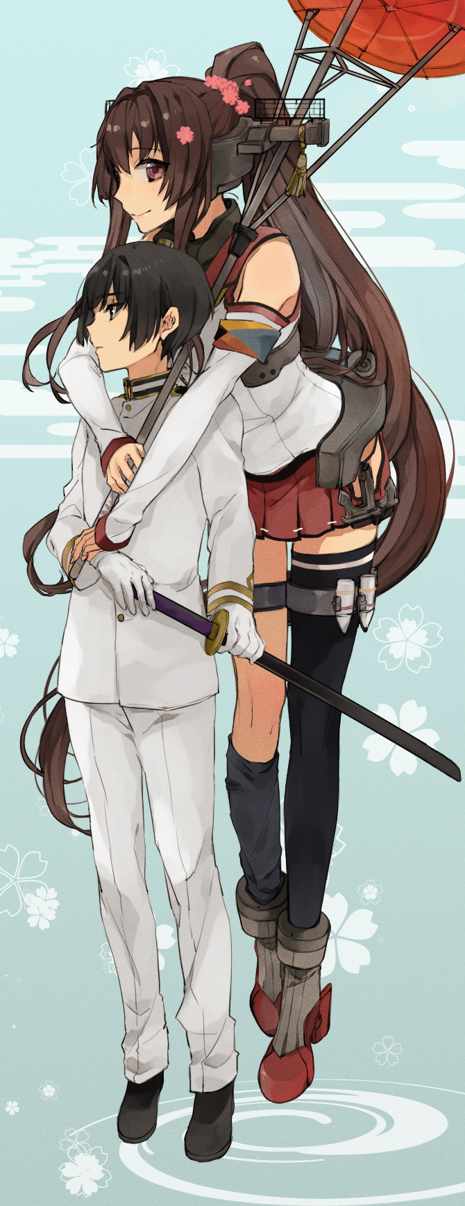 1boy 1girl anchor axis_powers_hetalia black_eyes black_hair black_shoes boots brown_eyes brown_hair cherry_blossoms crossover detached_sleeves egasumi floating floral_background flower full_body gloves hair_ornament headgear highres hita_(hitapita) holding_sword holding_weapon hug hug_from_behind japan_(hetalia) kantai_collection kneehighs long_hair long_sleeves looking_at_viewer machinery military military_uniform miniskirt oriental_umbrella pants ponytail profile red_skirt shoes side_cutout single_kneehigh single_thighhigh skirt smile standing sword tassel thigh-highs thigh_strap umbrella uniform very_long_hair weapon white_gloves white_pants yamato_(kantai_collection)