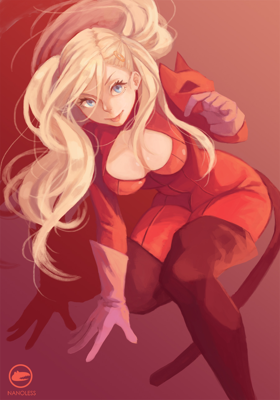 1girl :p blonde_hair blue_eyes bodysuit boots breasts cat_tail cleavage full_body gloves hairclip long_hair looking_at_viewer mask nanoless persona persona_5 red_background red_gloves red_legwear shadow simple_background smile solo tail takamaki_ann thigh-highs thigh_boots tongue tongue_out twintails