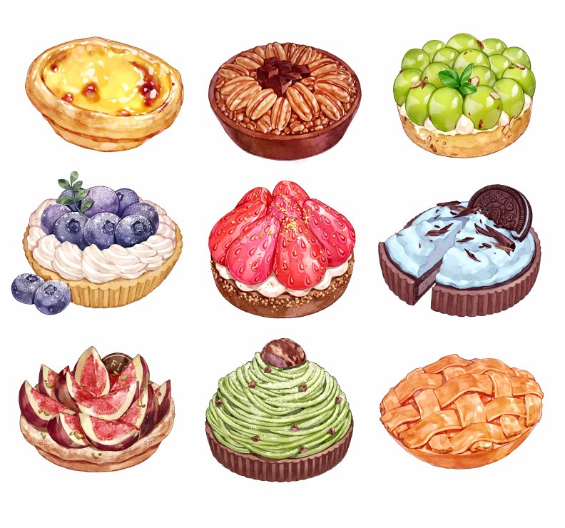 apple artist_request blueberry cake dessert egg_tart fig food food_focus fruit no_humans oreo pastry pecan pie strawberry
