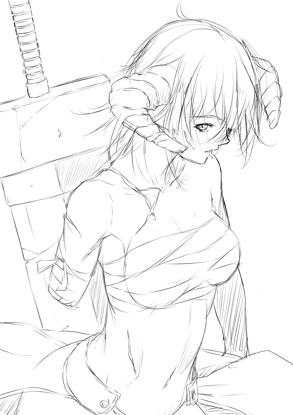 amputee bandaged_arm bangs commentary_request girl highres horns looking_at_viewer midriff missing_limb navel niwatazumi original oversized_object sarashi sheep_horns short_hair sketch sword weapon