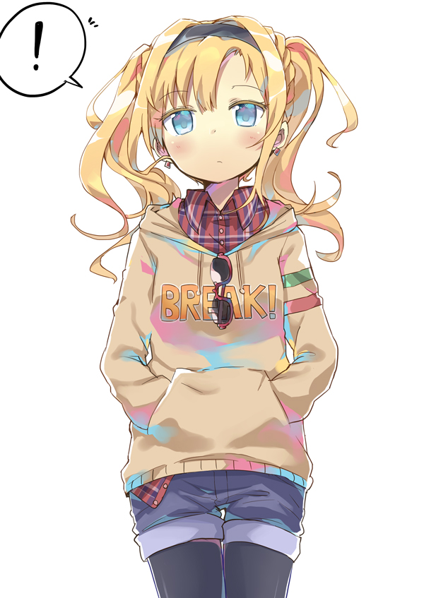 ! 1girl amaa_(chou_dennou_jidai) black_legwear blonde_hair blue_eyes casual clothes_writing collared_shirt denim denim_shorts earrings granblue_fantasy hairband hands_in_pockets hood hoodie jewelry legwear_under_shorts long_hair pantyhose plaid plaid_shirt shirt shorts solo spoken_exclamation_mark sunglasses_removed twintails zeta_(granblue_fantasy)