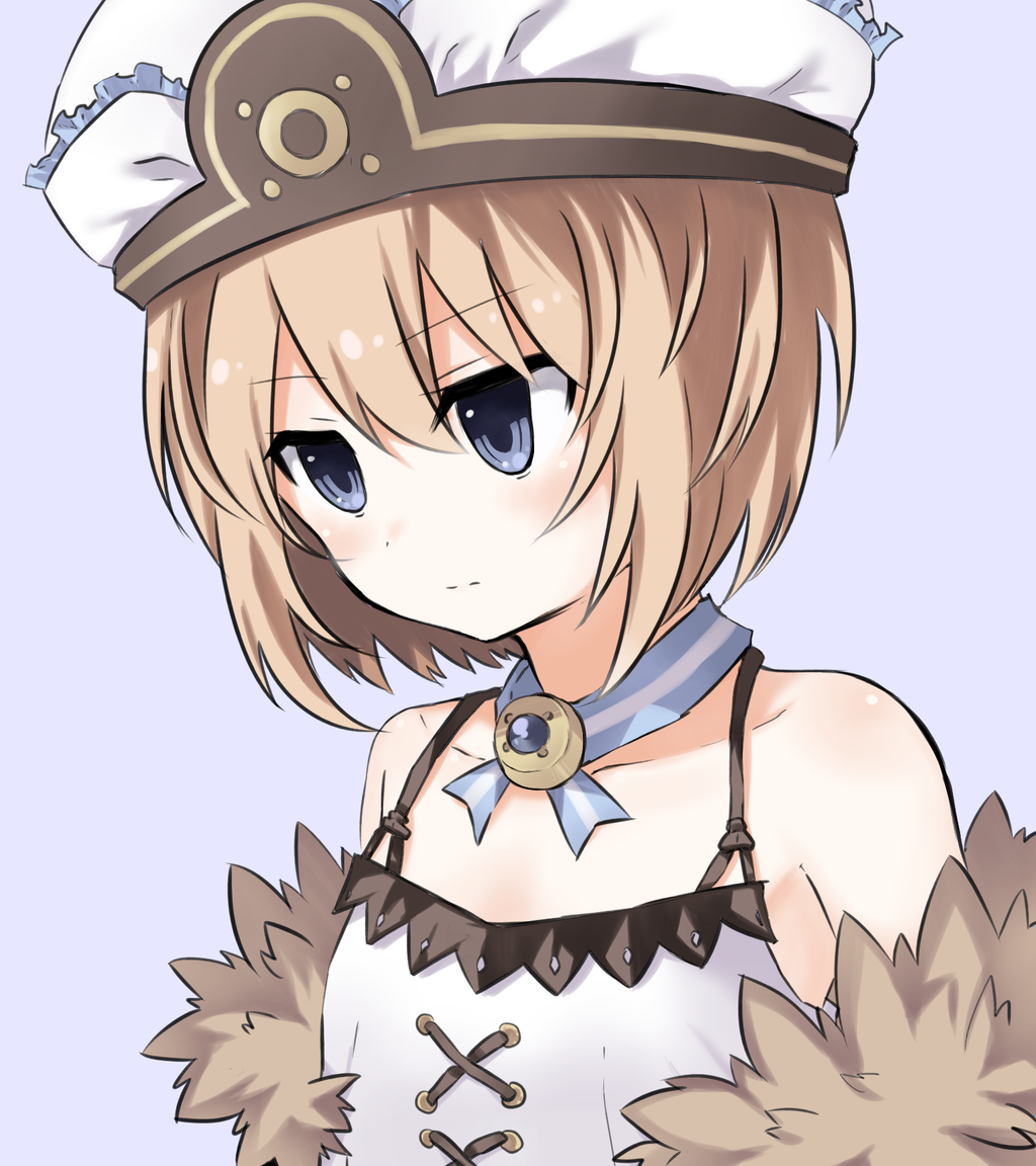 1girl artist_request bare_shoulders blanc blue_eyes blush brown_hair hat neptune_(series) short_hair solo source_request