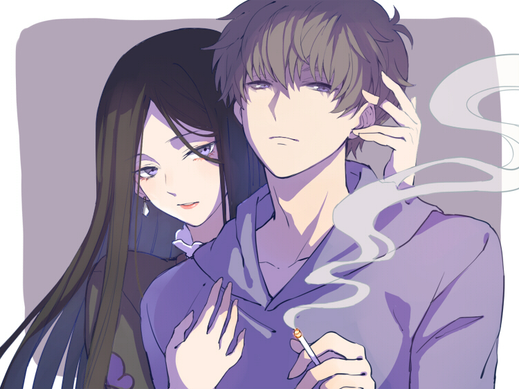 1boy 1girl bangs between_fingers black_hair cigarette closed_mouth earrings frills frown hair_between_eyes hand_on_another's_chest hand_on_another's_head holding holding_cigarette hood hood_down hoodie ichiko_(osomatsu-san) jewelry long_hair looking_at_viewer matsuno_ichimatsu messy_hair osomatsu-kun osomatsu-san parted_bangs parted_lips print_shirt purple_background red_lips rio_(keii16) rounded_corners shirt silver_hair smoke upper_body violet_eyes