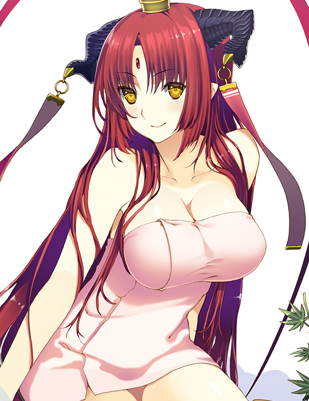 1girl breasts character_request demon_horns forehead_jewel horn_ornament horns large_breasts long_hair looking_at_viewer naked_towel redhead sengoku_collection sitting smile solo takatou_suzunosuke towel very_long_hair yellow_eyes