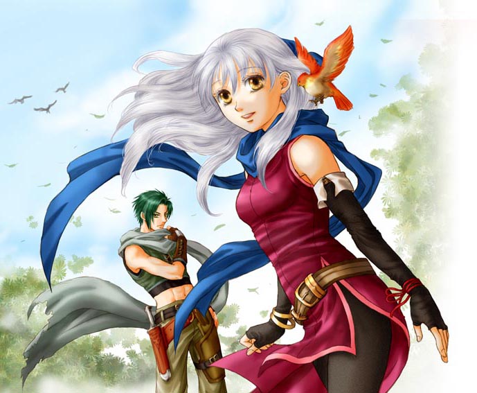 1boy 1girl artist_request bare_shoulders bird black_gloves black_legwear blue_scarf boots bracelet dress elbow_gloves fingerless_gloves fire_emblem fire_emblem:_akatsuki_no_megami gloves green_hair hair_ribbon half_updo jewelry long_hair micaiah midriff pants pantyhose ribbon scarf side_slit silver_hair sleeveless sleeveless_dress smile sothe white_scarf yellow_eyes yune