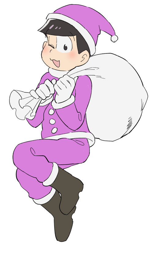 1boy ;3 black_hair blush boots gloves hat looking_at_viewer male_focus matsuno_todomatsu one_leg_raised osomatsu-kun osomatsu-san sack santa_boots santa_costume santa_hat simple_background solo white_background white_gloves winking