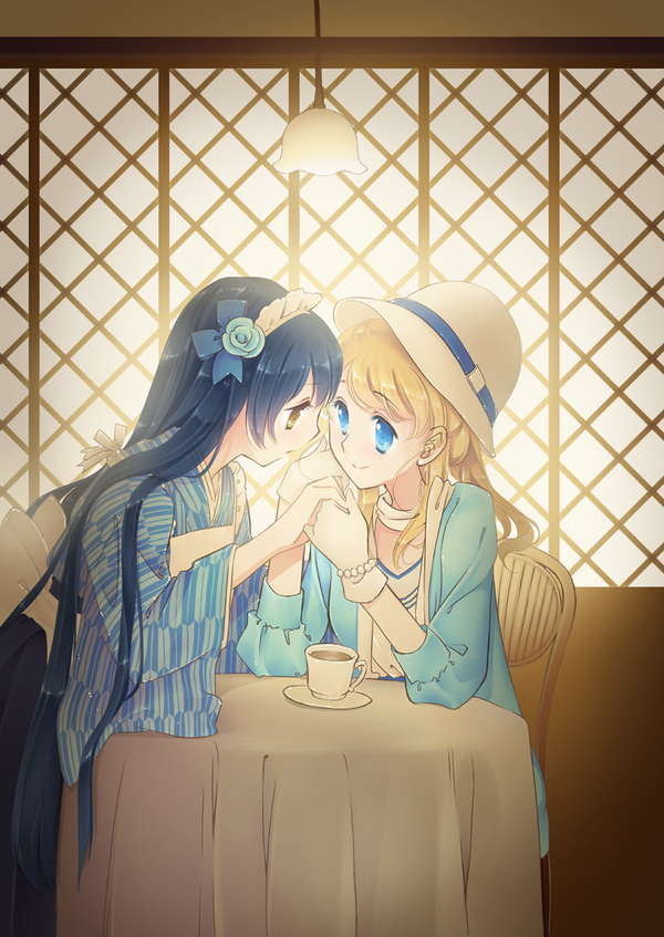2girls ayase_eli bangs blonde_hair blue_eyes blue_hair brown_eyes cafe cup flower gloves hair_flower hair_ornament hat holding_hands japanese_clothes long_hair looking_at_another love_live!_school_idol_project maid_headdress mimori_(cotton_heart) multiple_girls rose scarf smile sonoda_umi yuri