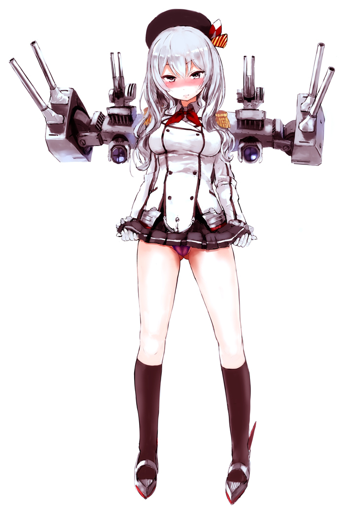 1girl alternate_hairstyle beret black_legwear buttons cannon epaulettes frilled_sleeves frills gloves grey_eyes hat kantai_collection kashima_(kantai_collection) kerchief kneehighs looking_at_viewer machinery military military_uniform miniskirt neckerchief panties pantyshot pantyshot_(standing) pleated_skirt red_panties sasahara_yuuki silver_hair skirt skirt_lift solo standing tsurime turret underwear uniform wavy_hair white_gloves