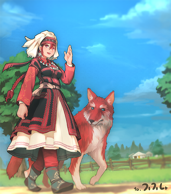 1girl dress farm original red_eyes red_fur redhead segamark sky smile tree waving wolf