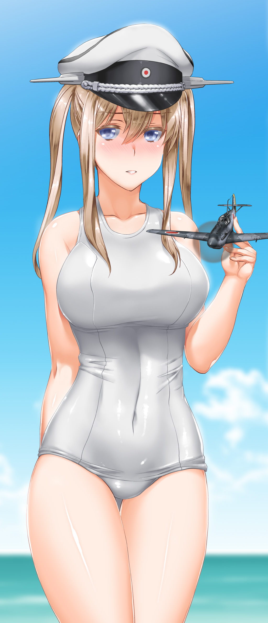 1girl airplane alternate_costume blonde_hair blue_eyes blue_sky blurry blurry_background blush byeontae_jagga clouds collarbone covered_navel cowboy_shot graf_zeppelin_(kantai_collection) hat highres holding kantai_collection long_hair looking_at_viewer ocean outdoors peaked_cap pink_lips school_swimsuit sidelocks sky solo sweat swimsuit twintails white_swimsuit