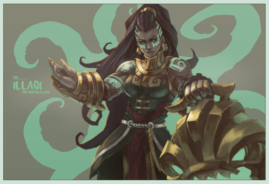 1girl brown_background brown_hair character_name dark_skin earrings facial_tattoo green_eyes illaoi jewelry league_of_legends long_hair monori_rogue ponytail solo tattoo tentacles