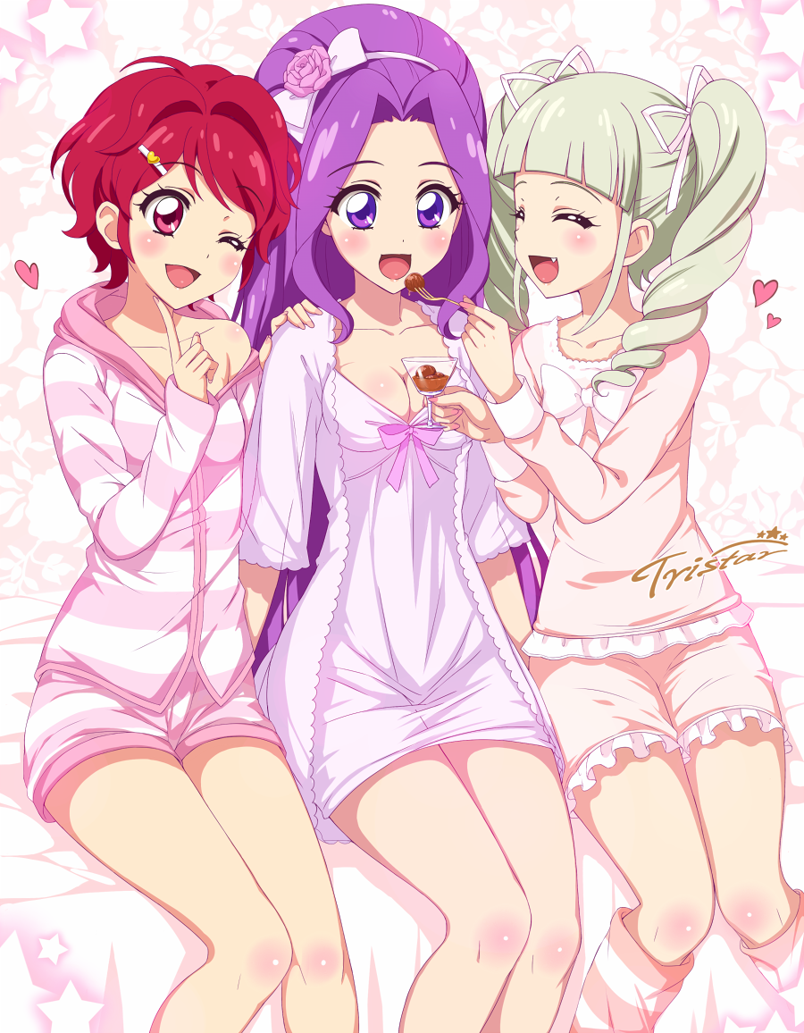 3girls ;d aikatsu! blonde_hair blush breasts cleavage drill_hair fang feeding flower fork hair_intakes hair_ornament hair_ribbon hairband hairclip hand_on_another's_shoulder heart holding_fork ichinose_kaede index_finger_raised jewel_(the_black_canvas) kanzaki_mizuki long_hair multiple_girls off_shoulder one_eye_closed open_mouth pajamas purple_hair red_eyes redhead ribbon short_hair short_shorts shorts sitting smile toudou_yurika twin_drills violet_eyes