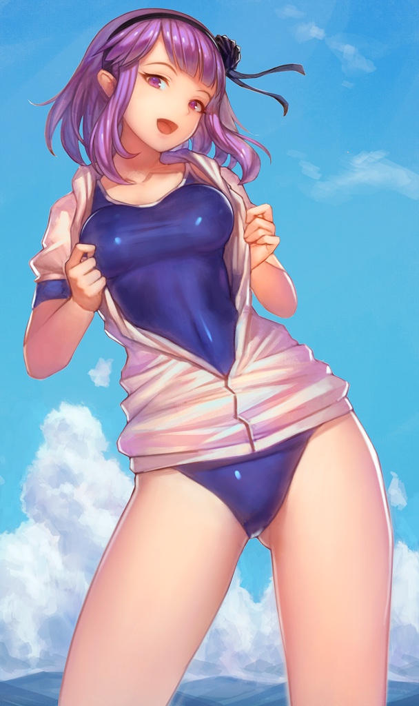1girl :d alternate_breast_size ass_visible_through_thighs bangs blue_swimsuit blunt_bangs collarbone contrapposto dagashi_kashi flower hair_flower hair_ornament hairband looking_at_viewer one-piece_swimsuit open_mouth partially_unzipped pose purple_hair shidare_hotaru short_hair short_sleeves skin_tight small_breasts smile solo standing swimsuit thighs undressing urokoda violet_eyes zipper