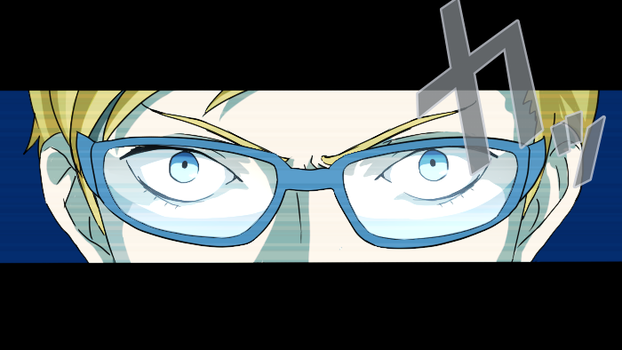 1boy argath_thadalfus bespectacled blonde_hair blue_eyes close-up eyes face final_fantasy final_fantasy_tactics glasses male_focus parody persona persona_4 persona_eyes solo widescreen