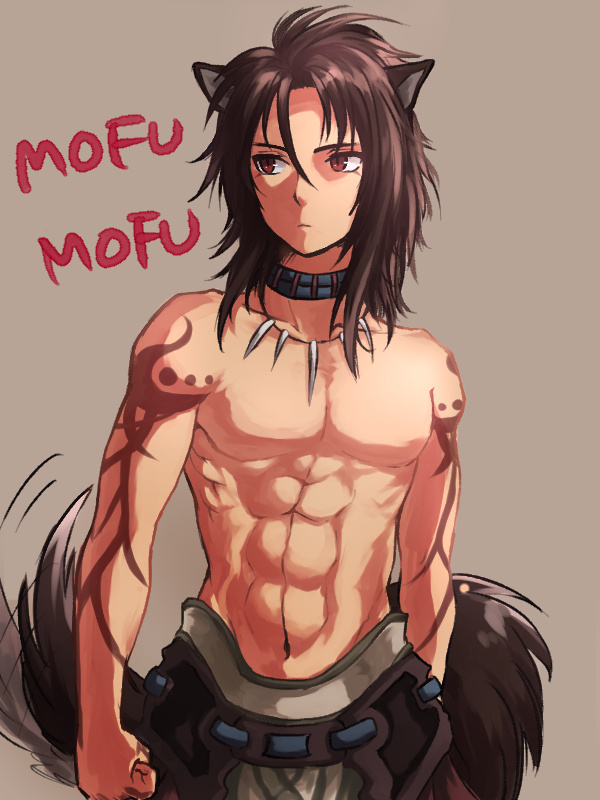 1boy abs animal_ears brown_background brown_hair fire_emblem fire_emblem:_akatsuki_no_megami jewelry kumakosion long_hair necklace red_eyes shirtless simple_background solo tail tattoo volug wolf_ears wolf_tail