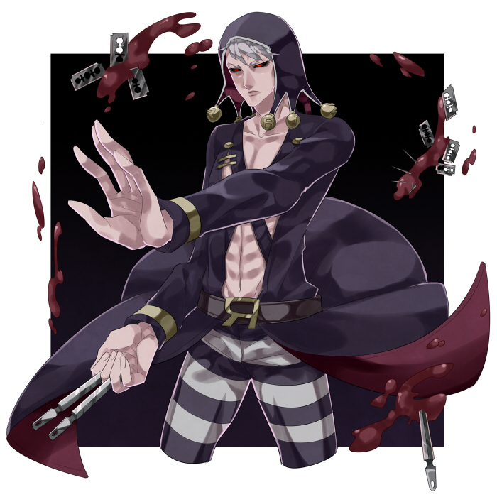 1boy black_sclera blood grey_hair jojo_no_kimyou_na_bouken razor_blade risotto_nero tsubasuke