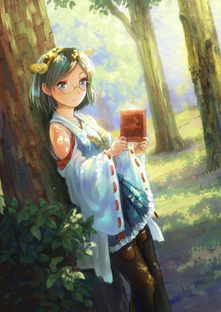 1girl bangs black_hair black_legwear blue_eyes blush closed_mouth dappled_sunlight detached_sleeves dutch_angle glasses grass green-framed_glasses hairband hakama_skirt headgear holding japanese_clothes kantai_collection kirishima_(kantai_collection) leaf looking_at_viewer miyai_haruki nontraditional_miko outdoors pantyhose parted_bangs pleated_skirt red_ribbon revision ribbon ribbon-trimmed_sleeves ribbon_trim short_hair skirt smile solo standing sunlight thigh-highs thigh_strap tree tree_shade under_tree