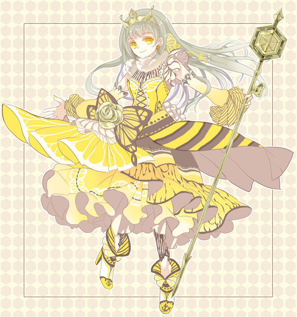 1girl dress food_themed_clothes full_body hanakagari high_heels honey_lemon_cake long_hair looking_at_viewer original outstretched_arm personification pocketland silver_hair smile solo staff striped striped_dress tagme tiara yellow_dress yellow_eyes