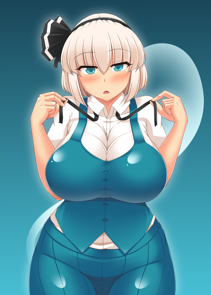 1girl :o blue_eyes blush breasts collared_shirt curvy glowing hair_ribbon hairband half-closed_eyes huge_breasts konpaku_youmu konpaku_youmu_(ghost) large_breasts looking_at_viewer open_mouth pleated_skirt plump ribbon shirt shitto_mask_(shittoden) short_hair skirt solo thick_thighs thighs touhou undressing vest wide_hips