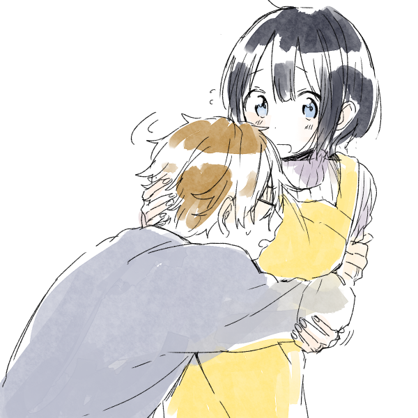 1boy 1girl alternate_hair_length alternate_hairstyle apron black_hair blue_eyes brown_hair closed_eyes couple hetero hug husband_and_wife kitashirakawa_tamako momose_(oqo) ooji_mochizou short_hair tamako_market