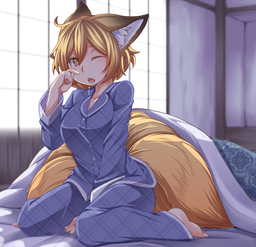 1girl ;o animal_ears barefoot blonde_hair blush breasts cleavage fang fox_ears fox_tail futon long_sleeves looking_at_viewer multiple_tails no_hat one_eye_closed open_mouth pajamas panties plaid plaid_panties solo tail tamahana touhou underwear unmoving_pattern yakumo_ran yellow_eyes