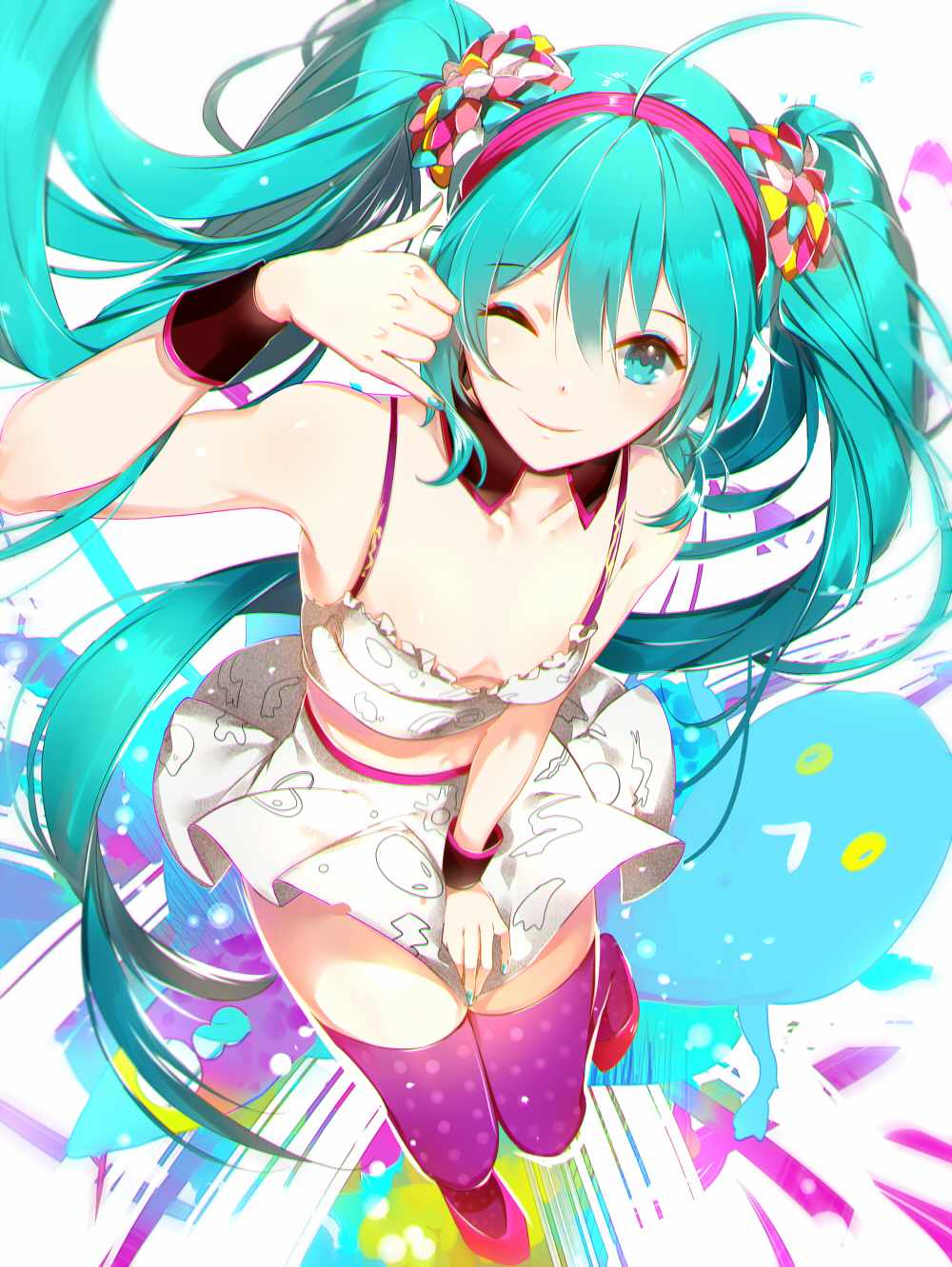 1girl ahoge aqua_eyes aqua_hair bare_arms breasts cleavage detached_collar hairband hatsune_miku highres long_hair looking_at_viewer one_eye_closed phino skirt smile solo spaghetti_strap thigh-highs twintails very_long_hair vocaloid wristband zettai_ryouiki