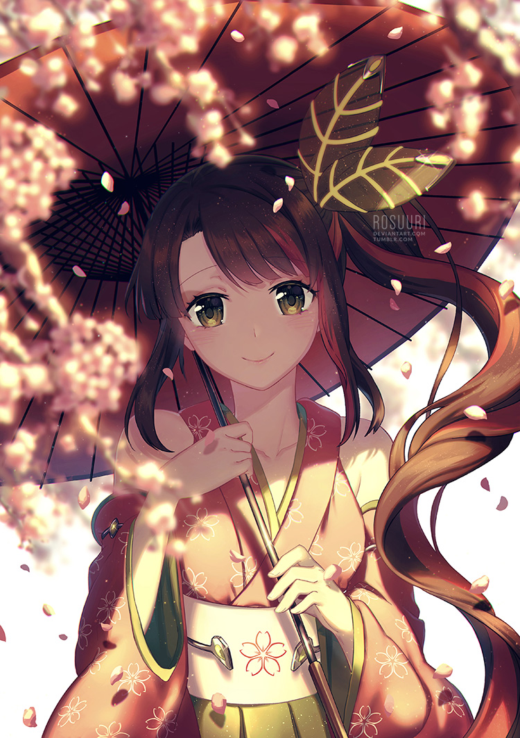 bare_shoulders blurry blush brown_eyes brown_hair cherry_blossoms collarbone depth_of_field detached_sleeves eyebrows eyebrows_visible_through_hair floating_hair floral_print hair_ornament head_tilt holding holding_umbrella japanese_clothes kimono leaf_hair_ornament long_sleeves looking_at_viewer original parasol petals rosuuri side_ponytail sidelocks smile umbrella underwear wind