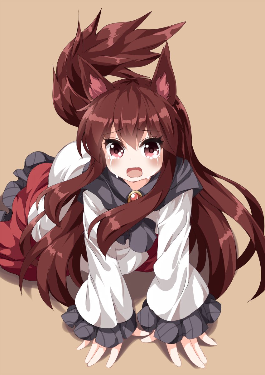 1girl all_fours animal_ears brooch brown_background brown_eyes brown_hair crying dress highres imaizumi_kagerou jewelry long_hair long_sleeves monster_girl ruu_(tksymkw) simple_background solo tail touhou werewolf wide_sleeves wolf_ears wolf_tail