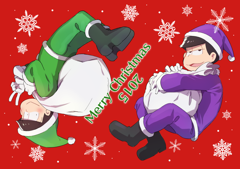 2015 2boys :&gt; :3 blush boots brothers brown_hair gloves hat indian_style jitome looking_at_viewer matsuno_choromatsu matsuno_ichimatsu merry_christmas messy_hair multiple_boys osomatsu-kun osomatsu-san red_background sack santa_boots santa_costume santa_hat siblings sitting snowflakes upside-down v white_gloves