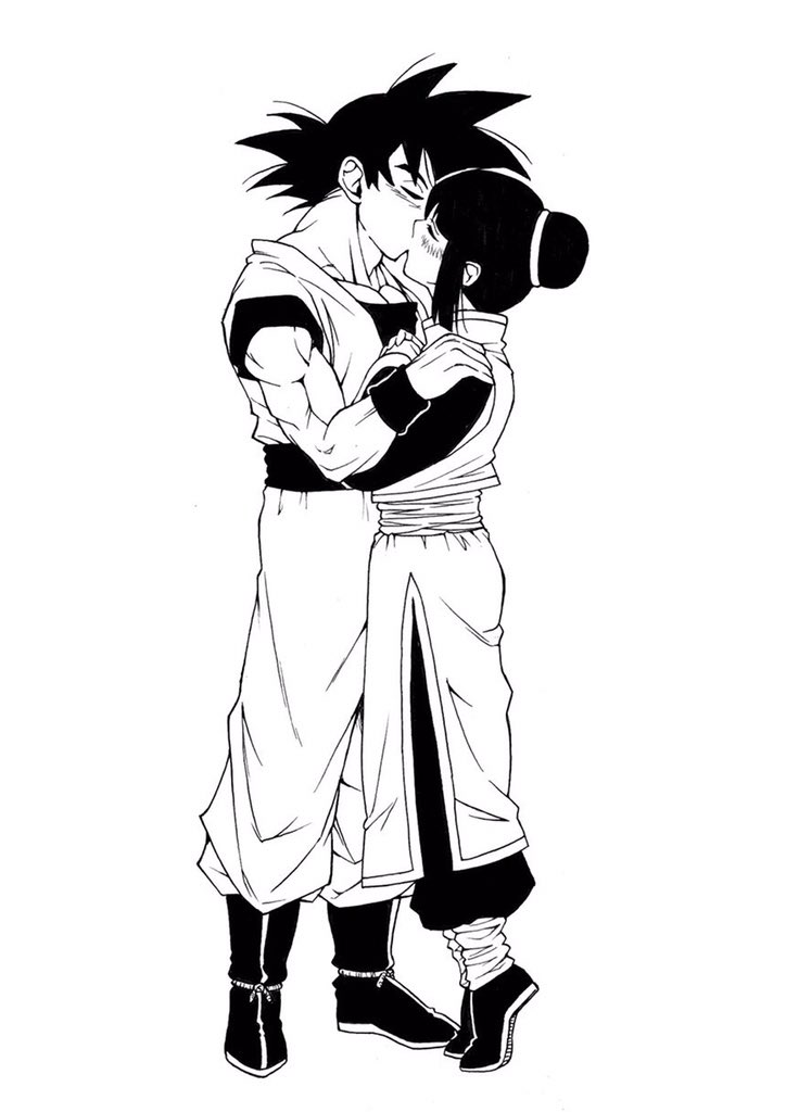 1boy 1girl boots chi-chi_(dragon_ball) chinese_clothes dougi dragon_ball dragon_ball_z hair_bun husband_and_wife jpeg_artifacts kiss monochrome muscle sidelocks son_gokuu suzushiro333 tiptoe_kiss tiptoes wristband