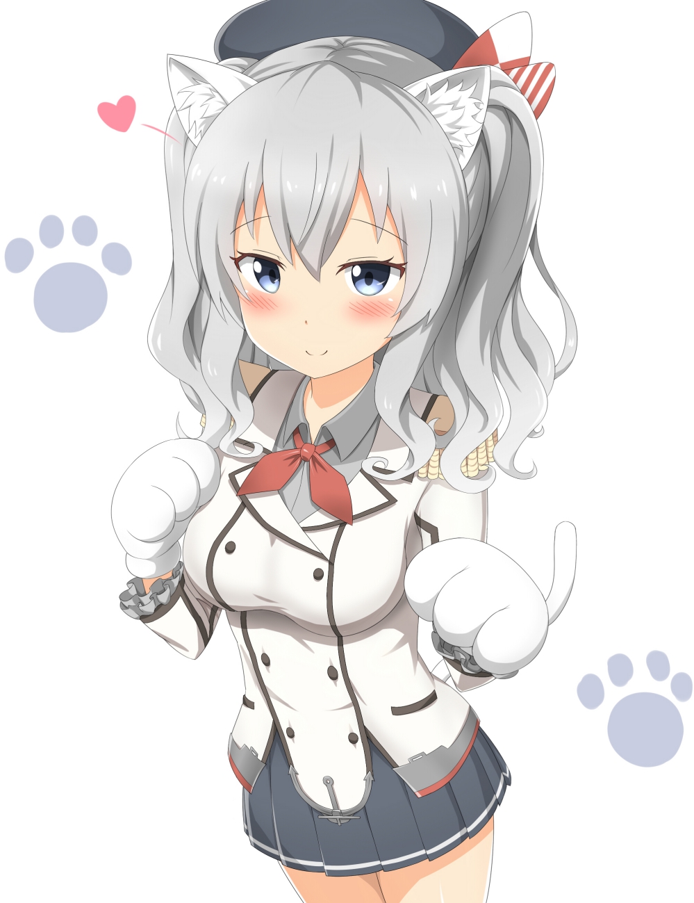1girl animal_ears beret blazer cat_ears cat_paws cat_tail epaulettes grey_eyes hat highres kantai_collection kashima_(kantai_collection) kemonomimi_mode looking_at_viewer nedia_r paw_print paws pleated_skirt silver_hair skirt smile solo tail two_side_up