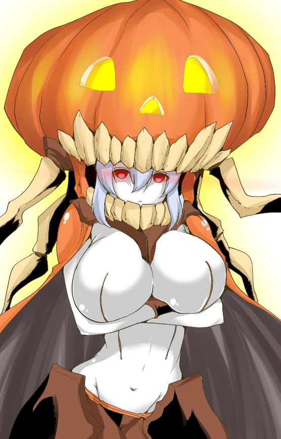 1girl alternate_headwear aoiakira553 bodysuit breast_hold breasts cape covered_navel expressionless glowing glowing_eyes halloween headgear huge_breasts jack-o'-lantern kantai_collection long_hair looking_at_viewer pale_skin red_eyes shinkaisei-kan silver_hair teeth tentacles white_skin wo-class_aircraft_carrier