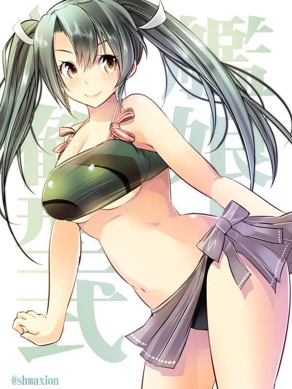1girl arms_at_sides bare_shoulders breasts camouflage green_hair hair_between_eyes kantai_collection long_hair looking_at_viewer maki_(seventh_heaven_maxion) midriff navel smile swimsuit twintails under_boob yellow_eyes zuikaku_(kantai_collection)