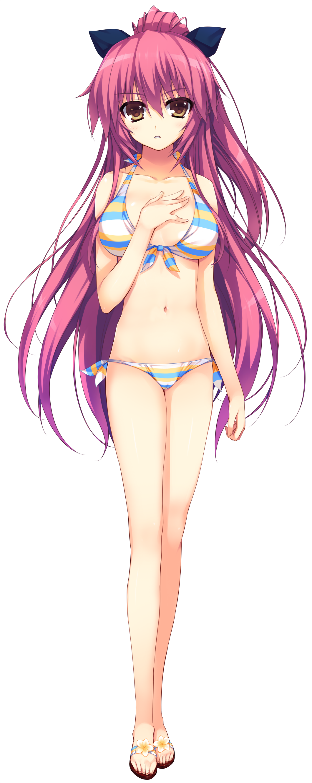 1girl absurdres akusera bikini breasts brown_eyes full_body hand_on_own_chest highres large_breasts long_hair looking_at_viewer pink_hair ponytail reminiscence sandals side-tie_bikini simple_background solo swimsuit tomose_shunsaku very_long_hair