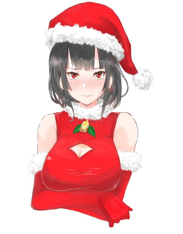 1girl alternate_costume bell black_hair blush breasts cleavage_cutout crying crying_with_eyes_open detached_sleeves hat kantai_collection keionism large_breasts nose_blush red_eyes santa_costume santa_hat short_hair sleeveless solo sweatdrop tagme takao_(kantai_collection) tears upper_body white_background
