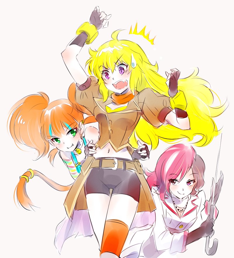 3girls ahoge bell bell_collar belt blonde_hair breasts brown_eyes brown_hair cleavage collar earrings fang fingerless_gloves gloves green_eyes iesupa jewelry multicolored_hair multiple_girls navel necklace neo_(rwby) neon_katt orange_hair pink_eyes pink_hair rwby shorts smile streaked_hair surprised sweatdrop sword tail_ring violet_eyes weapon white_hair yang_xiao_long